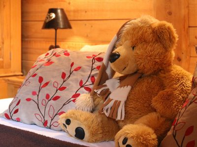 teddy sat between cushions on ski chalet bed